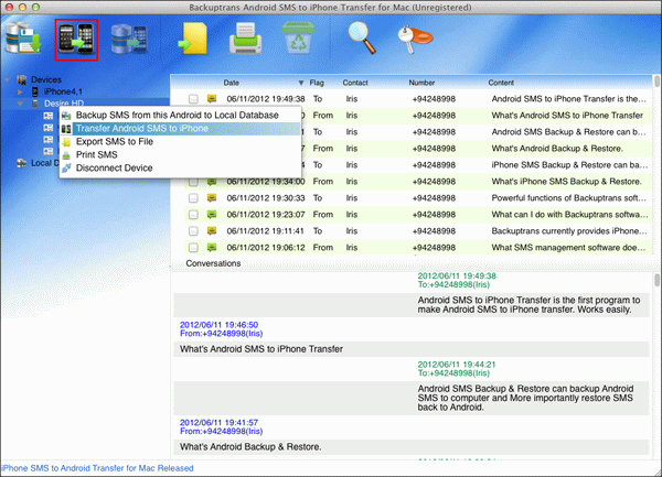 transfer all Android SMS messages to iPhone on Mac