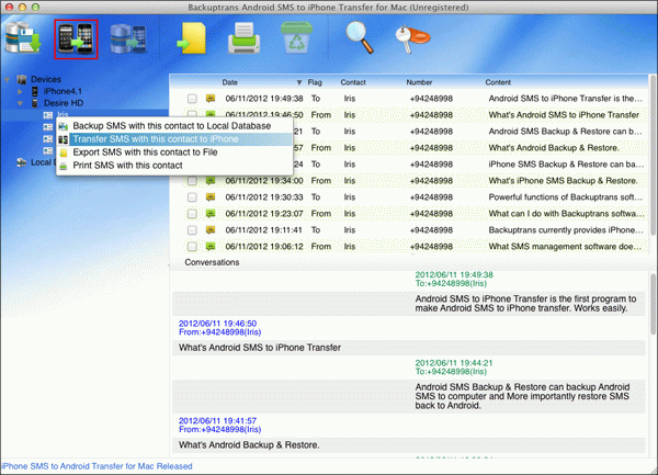 transfer Android SMS messages with single contact to iPhone on Mac