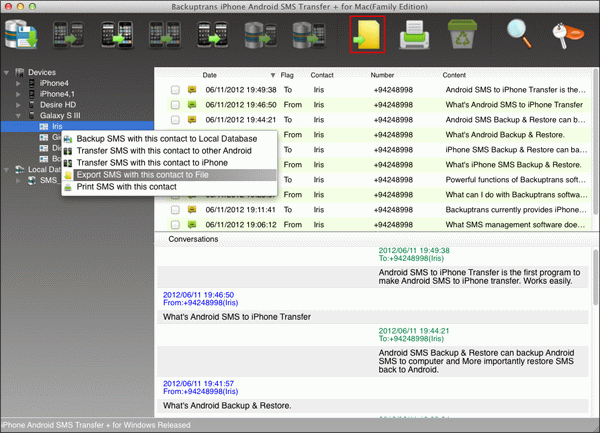 Transfer text messages with single contact from Android to file on Mac