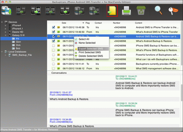 Transfer selected text messages from Android to file on Mac