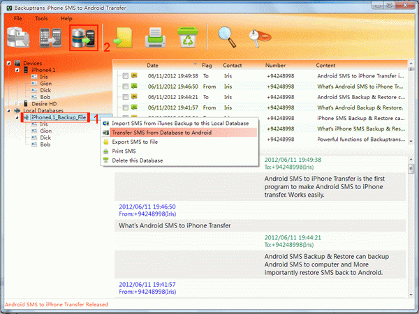 transfer iPhone SMS messages from database to Android