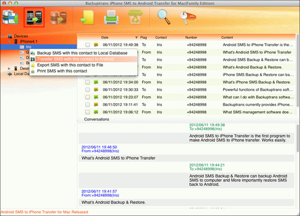 transfer iPhone SMS with single contact to Android on Mac
