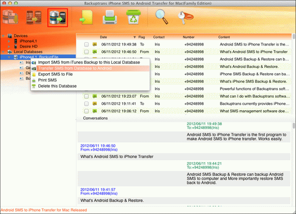 transfer iPhone SMS from Mac database to Android