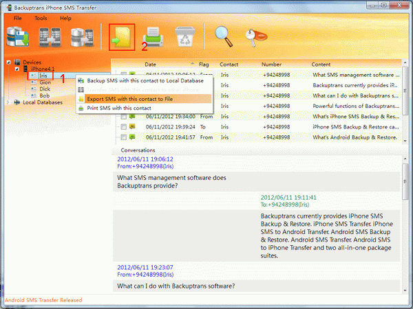 transfer iPhone SMS with a single contact to document file