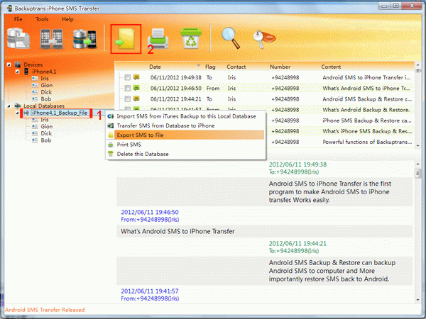 transfer iPhone SMS to document file from database