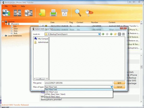 transfer iPhone SMS to document file and save