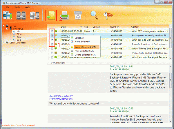 transfer selected iPhone SMS to document file