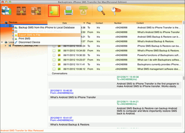 transfer all iPhone SMS to file on Mac