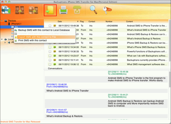 transfer iPhone SMS with a single contact to file on Mac