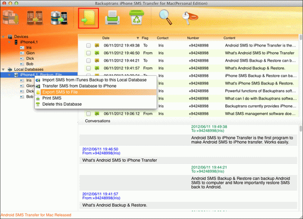 transfer iPhone SMS to file from database on Mac
