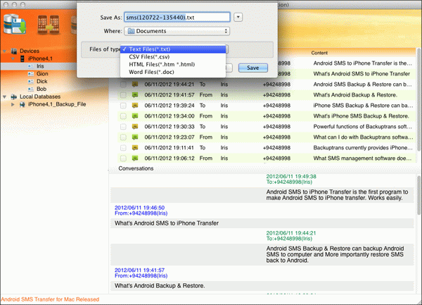 transfer iPhone SMS to file and save on Mac