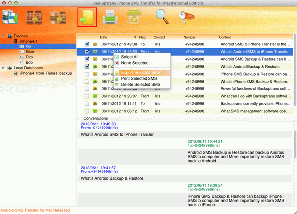 transfer selected iPhone SMS to file on Mac