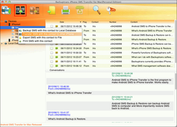 transfer iPhone SMS with single contact to another iPhone on Mac