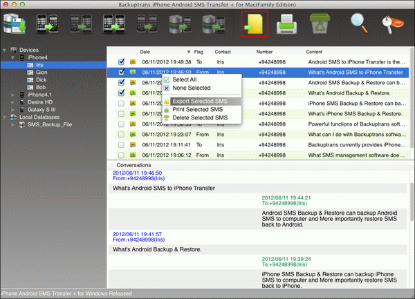 transfer selected text messages from iPhone to file on Mac