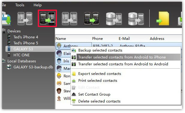 transfer selected Contacts between Android and iPhone