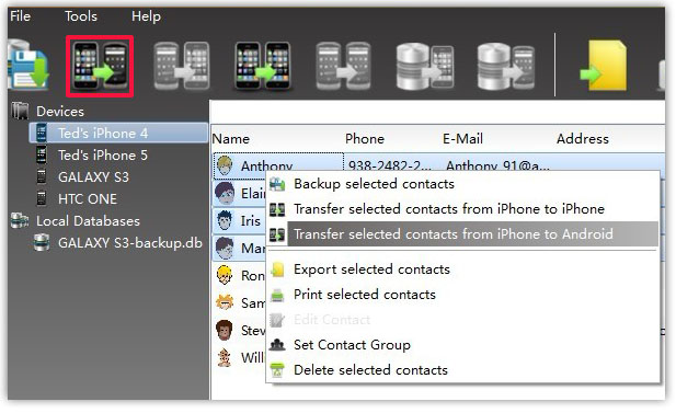 transfer selected Contacts between iPhone and Android