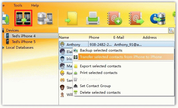 transfer selected Contacts between iPhones
