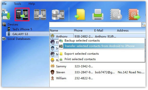 transfer selected Contacts from Android to iPhone on PC