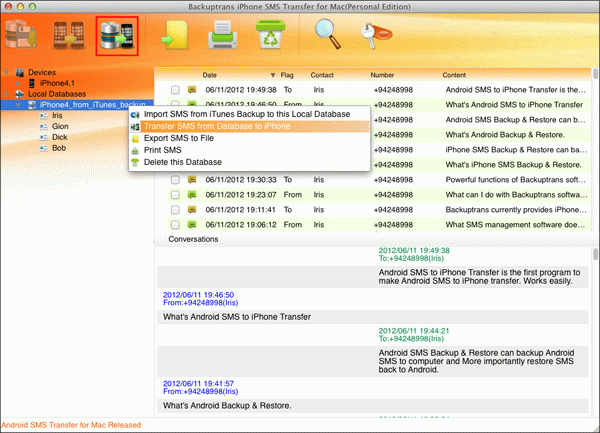 read and transfer SMS from iTunes backup on Mac to iPhone