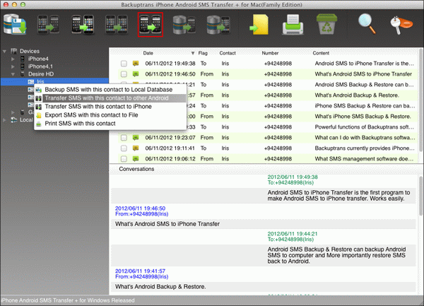 Transfer SMS messages with single contact from Android to Android on Mac