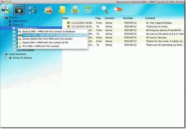 transfer SMS and MMS with single contact from Android to Android on Mac
