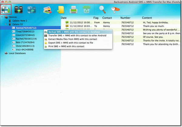 transfer SMS and MMS with single contact from Android to Mac