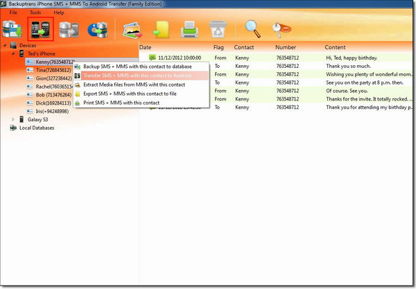 transfer SMS and MMS with single contact from iPhone to Android