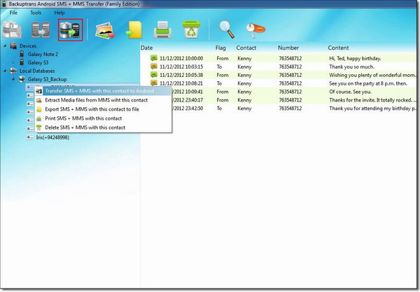 transfer SMS and MMS with single contact to Android from PC