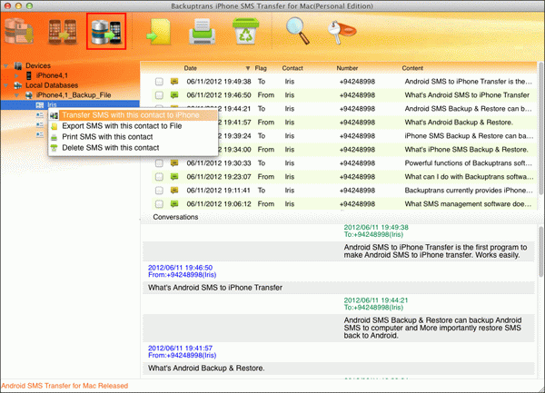 transfer SMS with a single contact to iPhone from Mac