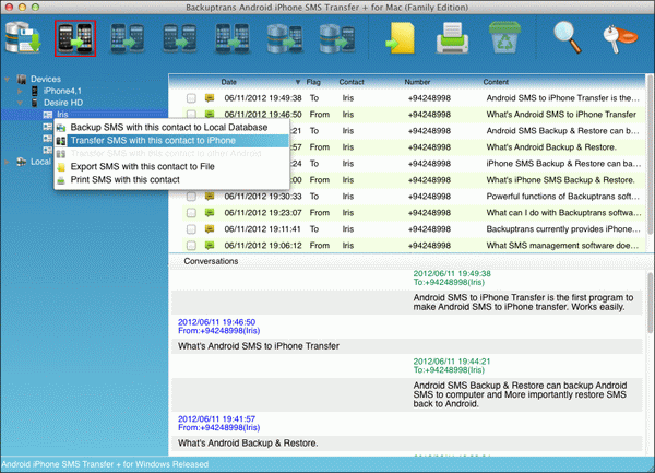Transfer text messages with single contact from Android to iPhone on Mac